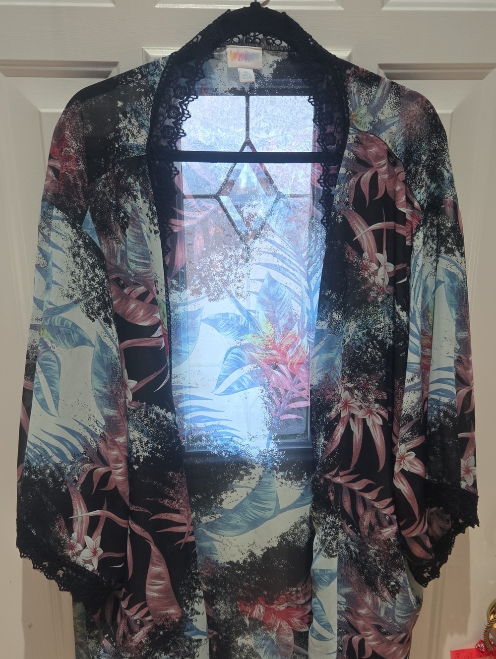 LuLaRoe "Chloe" Sheer Floral Open Kimono - Black, Pink & Blue